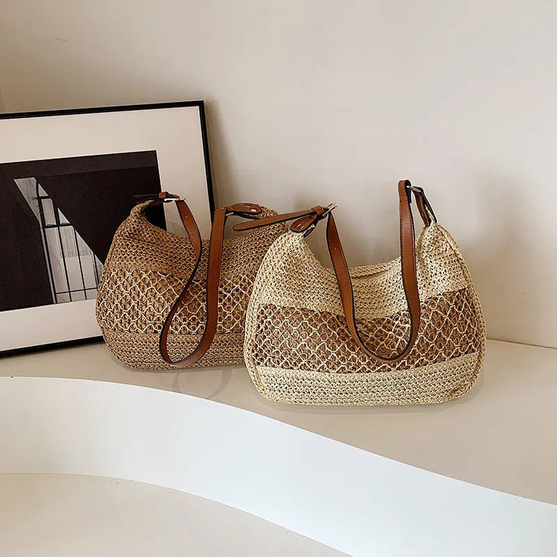 Women's straw cross body bag in khaki colour with horizontal square shape and sandwich pocket design