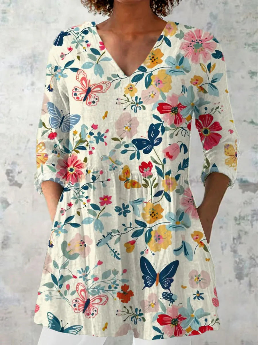 Women's retro slim fit printed long-sleeved top in a selected colour style.