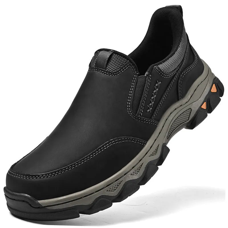 Men's dark brown casual leather-look shoes with round toe and flat rubber sole.