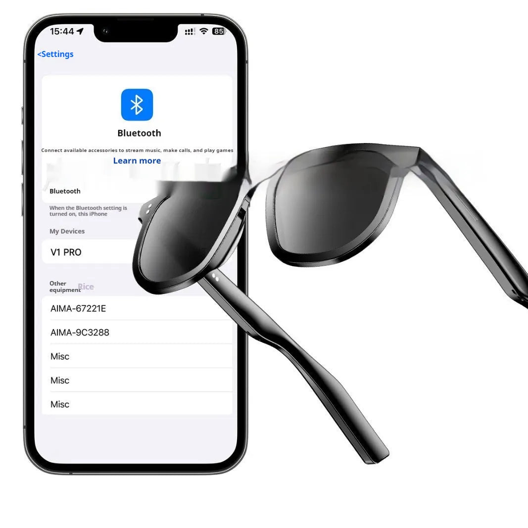 Black AI smart glasses with Bluetooth, touch controls, and UV protection lenses.