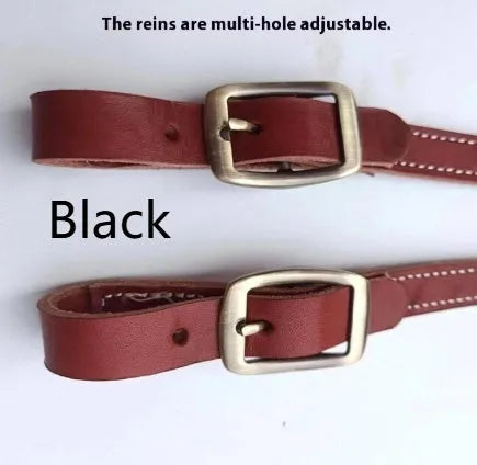 Pure cowhide horse halter with metal buckle and dragon cover in red on a wooden stable background