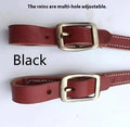 Pure cowhide horse halter with metal buckle and dragon cover in red on a wooden stable background