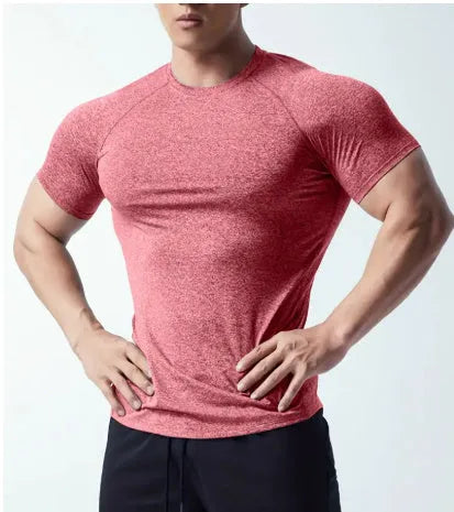 Men's grey quick-dry stretch running t-shirt on a hanger.