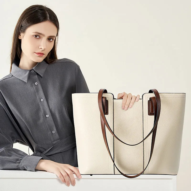 Women's black genuine leather crossbody commuter bag with large capacity and internal organisation compartments