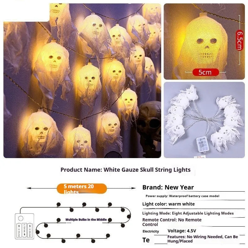 Battery-powered Halloween coloured LED string lights with plastic shell for indoor wall decoration.