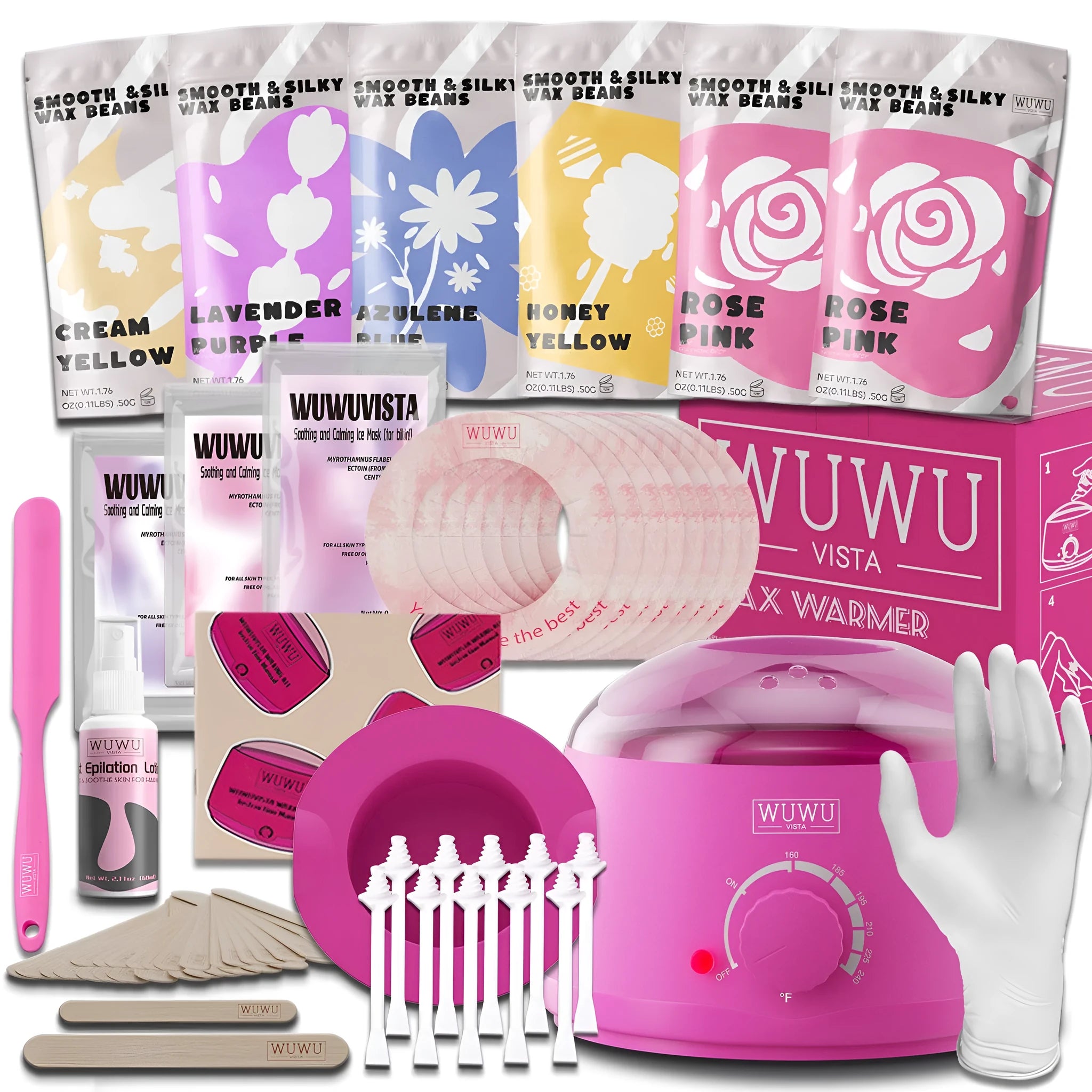 WUWUVISTA 56-piece professional waxing kit with smart warmer, wax beads, applicators and post-care items