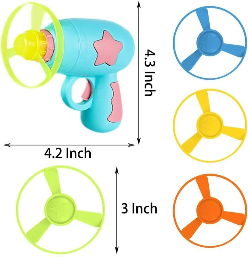 Blue plastic cat toy gun with rotating Frisbee launcher measuring 11cm tall for indoor cat play