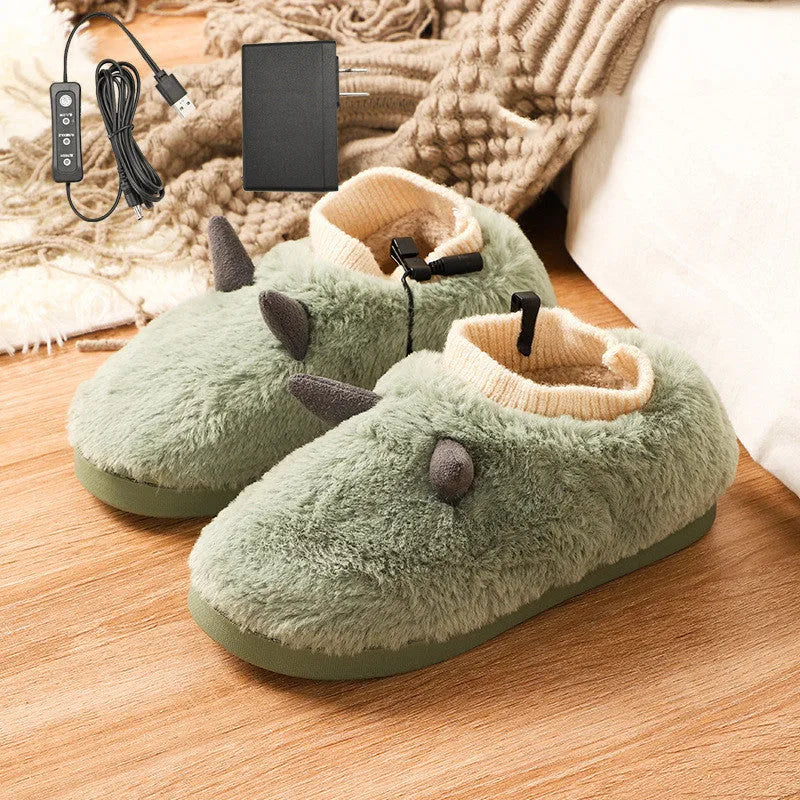 USB electric heating slippers in velvet, showing USB cable connection and adjustable temperature control.