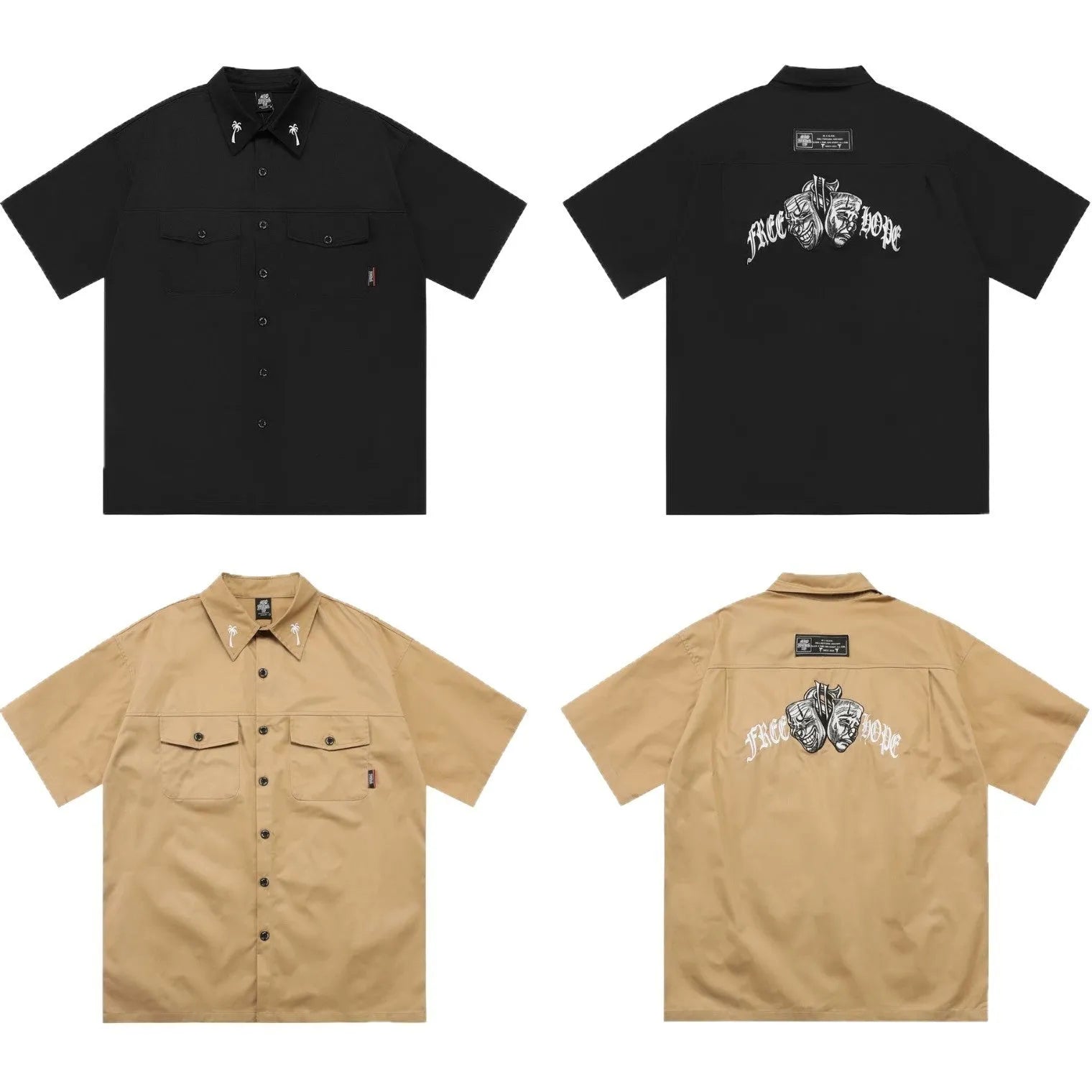 Men's black cotton blend shirt with embroidery detail on front, loose fit with short sleeves