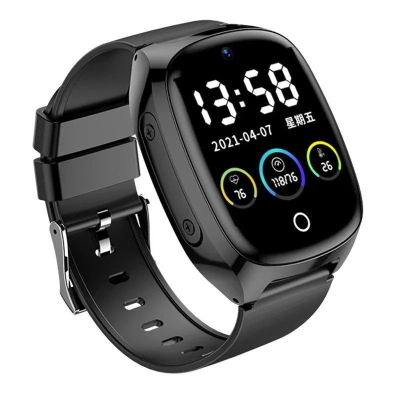 Black GPS tracker smartwatch with a 1.54-inch touch screen displaying a watch face.