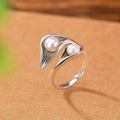 Silver adjustable ring with pearl inlay geometric calla ball design for women