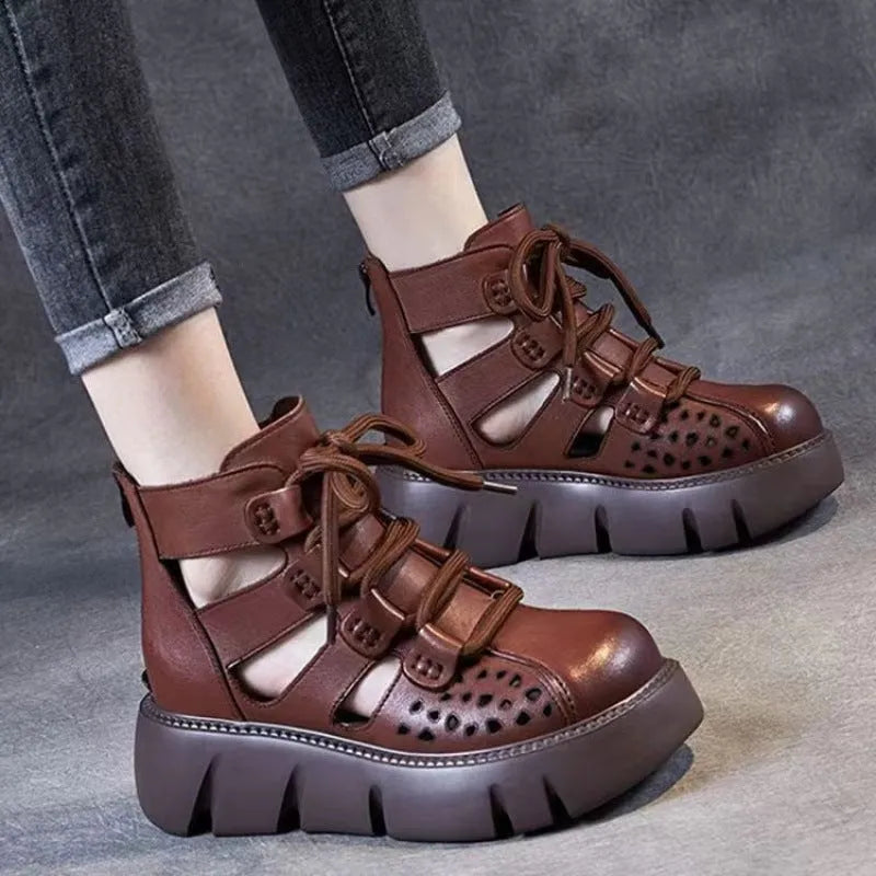 Women's black hollow hole platform sandals with fish mouth toe holder and PU sole