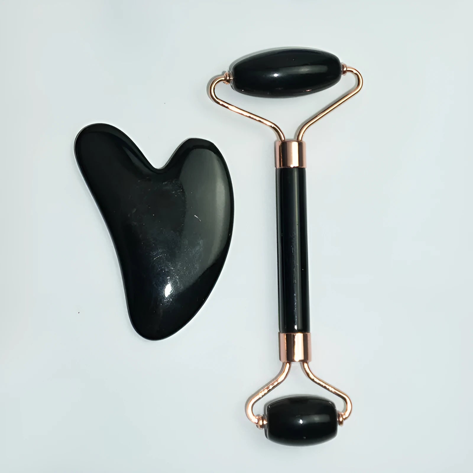 Stainless steel facial massage set with double-headed roller and heart-shaped scraping plate