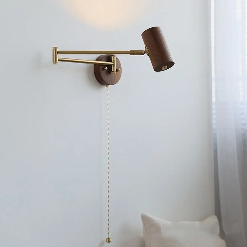 Retro rotating wall lamp with long arm and integrated switch in walnut or wood colour finish