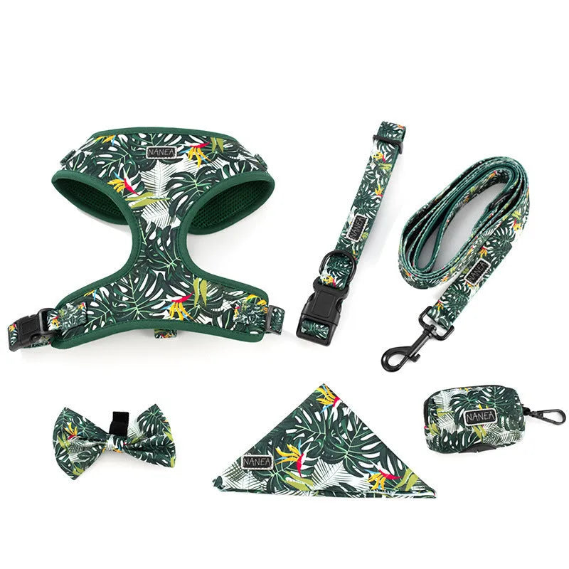 Six-piece adjustable cloth dog harness set with leash, collar, bow, towel, and clean-up bag in S, M, L sizes.