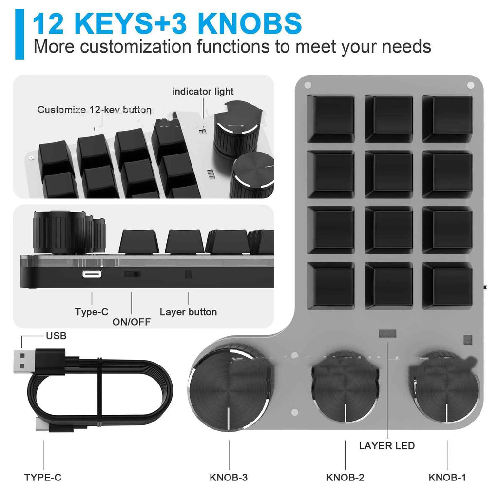 Black Bluetooth custom shortcut keyboard with 12 keys and 3 knobs and RGB backlighting