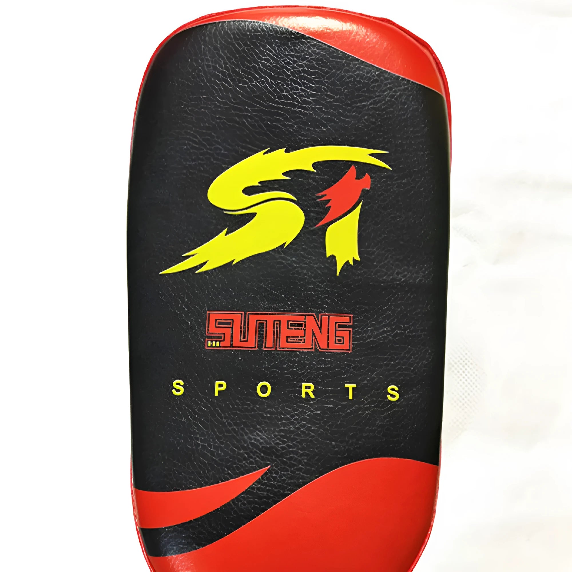 Black and red hand-held martial arts target pad with buckle strap on the back.