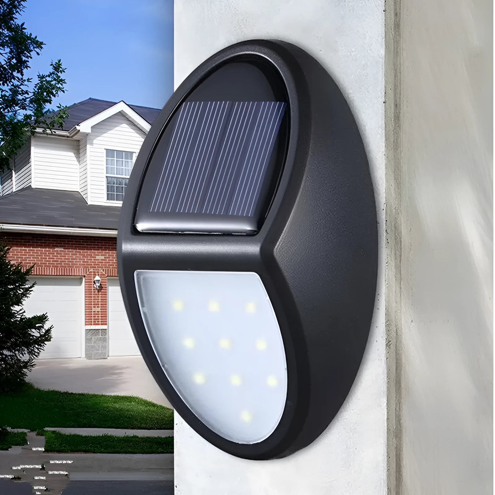 Black LED solar wall light with solar panel and automatic sensor for outdoor use