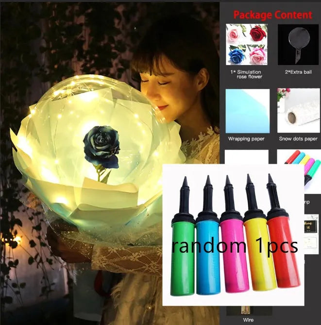 Transparent round LED luminous balloon rose bouquet with artificial flower and lights for DIY assembly