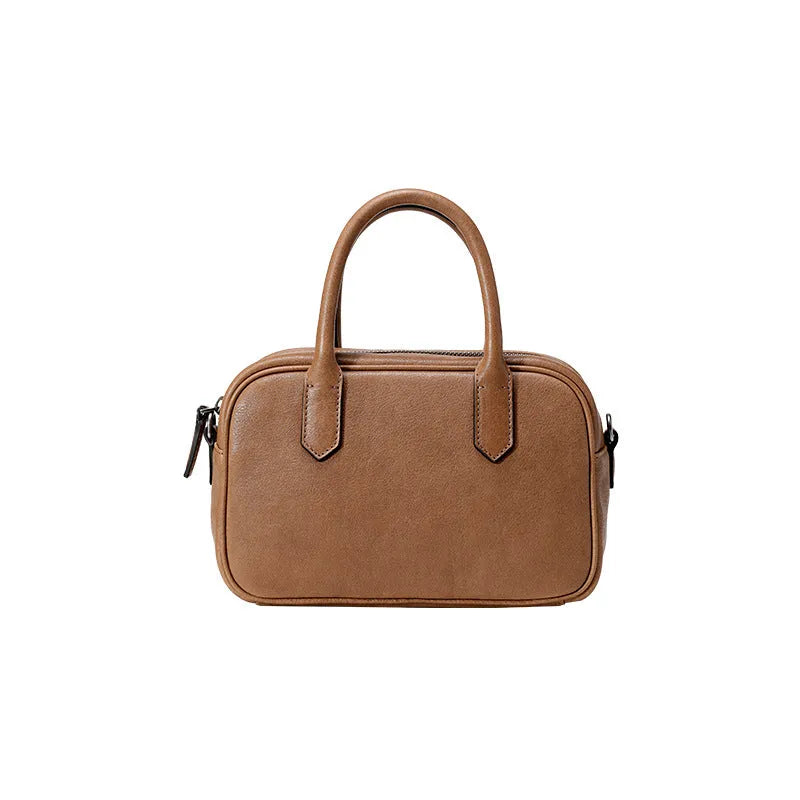 Genuine leather crossbody bag for women in coffee colour with horizontal square shape and metal zip