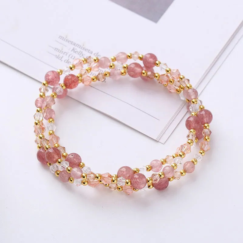 Women's colourful three-ring crystal bracelet with adjustable cord in tourmaline, quartz, or amethyst