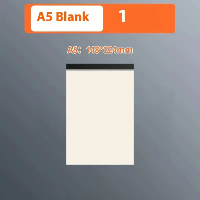 Set of writing pads in A5, B5, and A4 sizes showing blank, grid, and horizontal line page rulings.