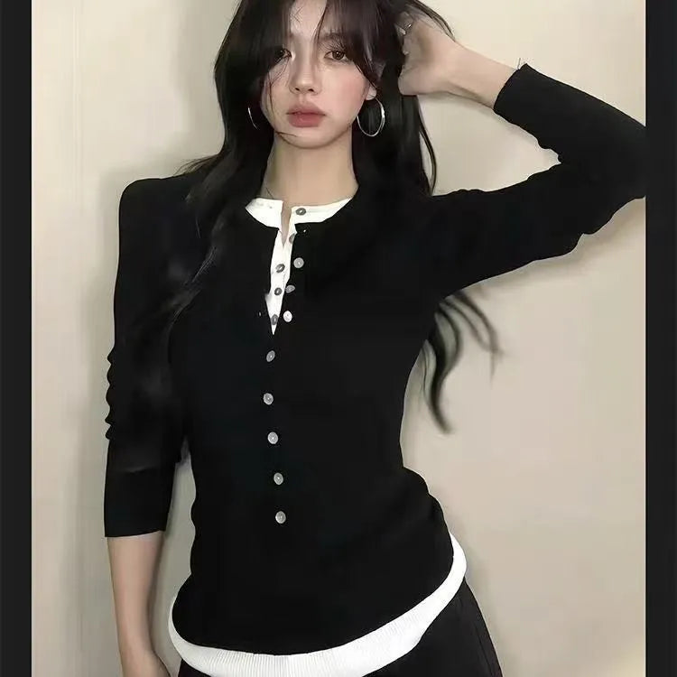 Women's black fake two pieces knitted bottoming shirt slim fit long sleeves