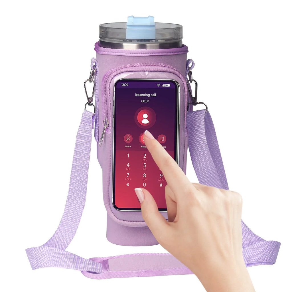 40oz neoprene water bottle pouch with transparent touch screen window and metal buckle