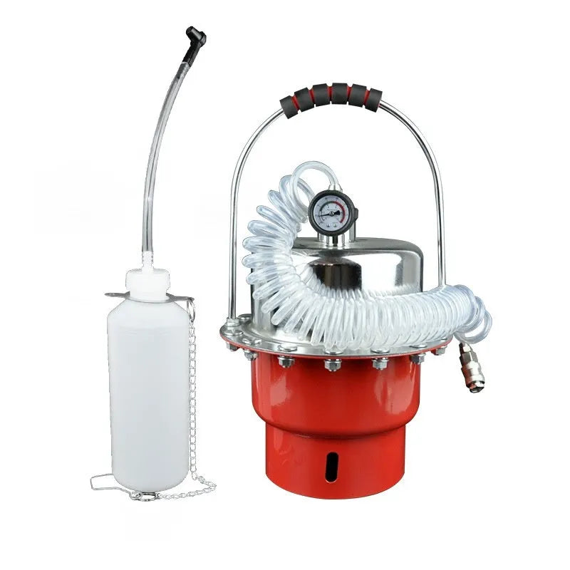 Pneumatic brake fluid replacement machine with large steel tank, pressure gauge, regulator, and transparent drain pipe.