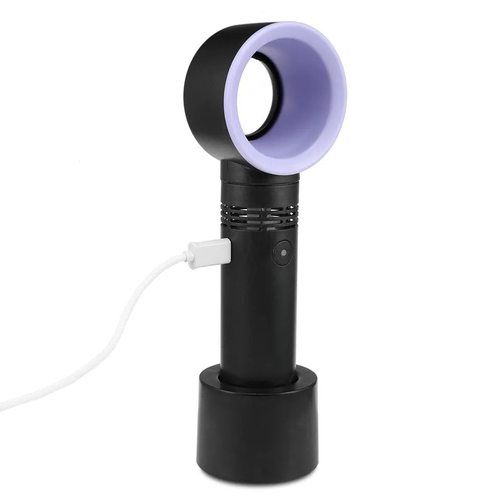 Compact portable bladeless desk fan with USB cable and base, shown in blue.