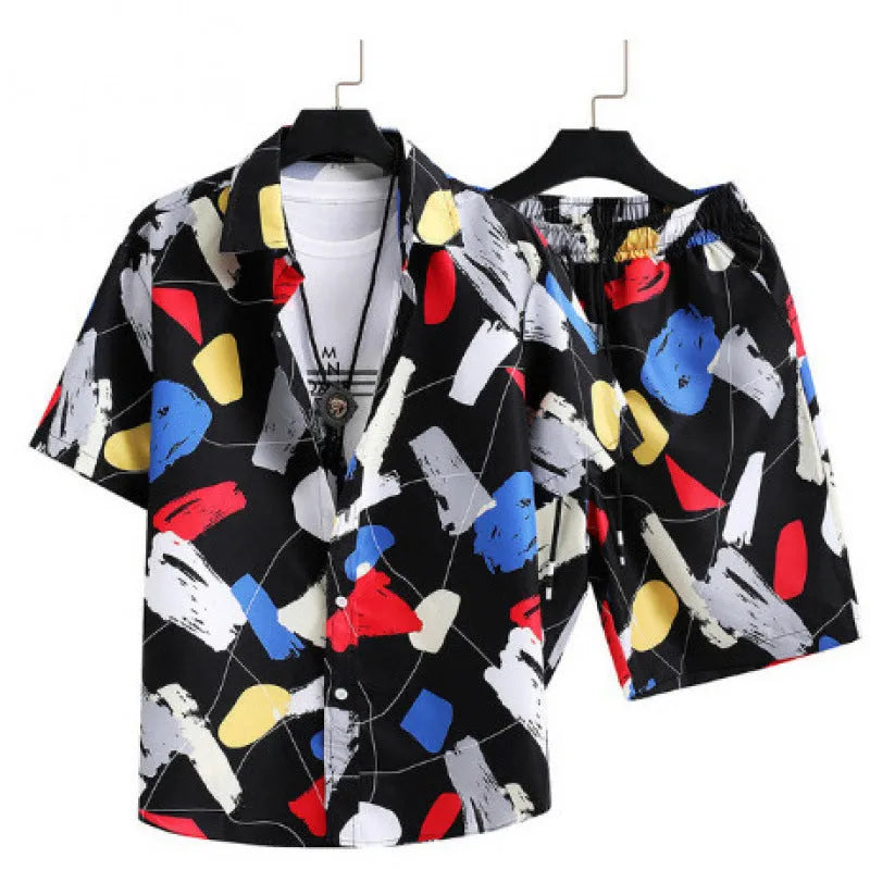 Men's digital print cardigan suit with short sleeve shirt and elastic shorts in polyester fabric
