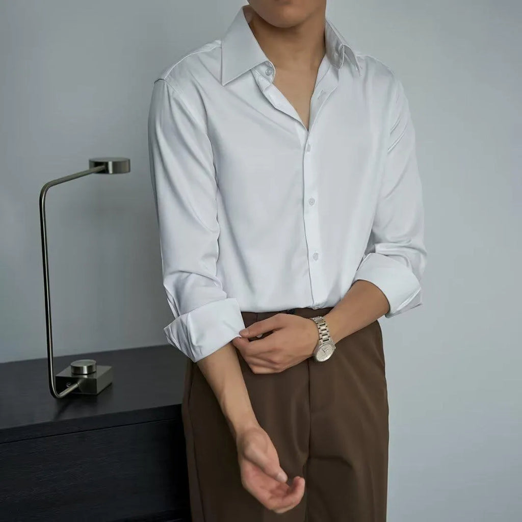 Men's Korean style long sleeve shirt in black with Japanese retro design and loose fit