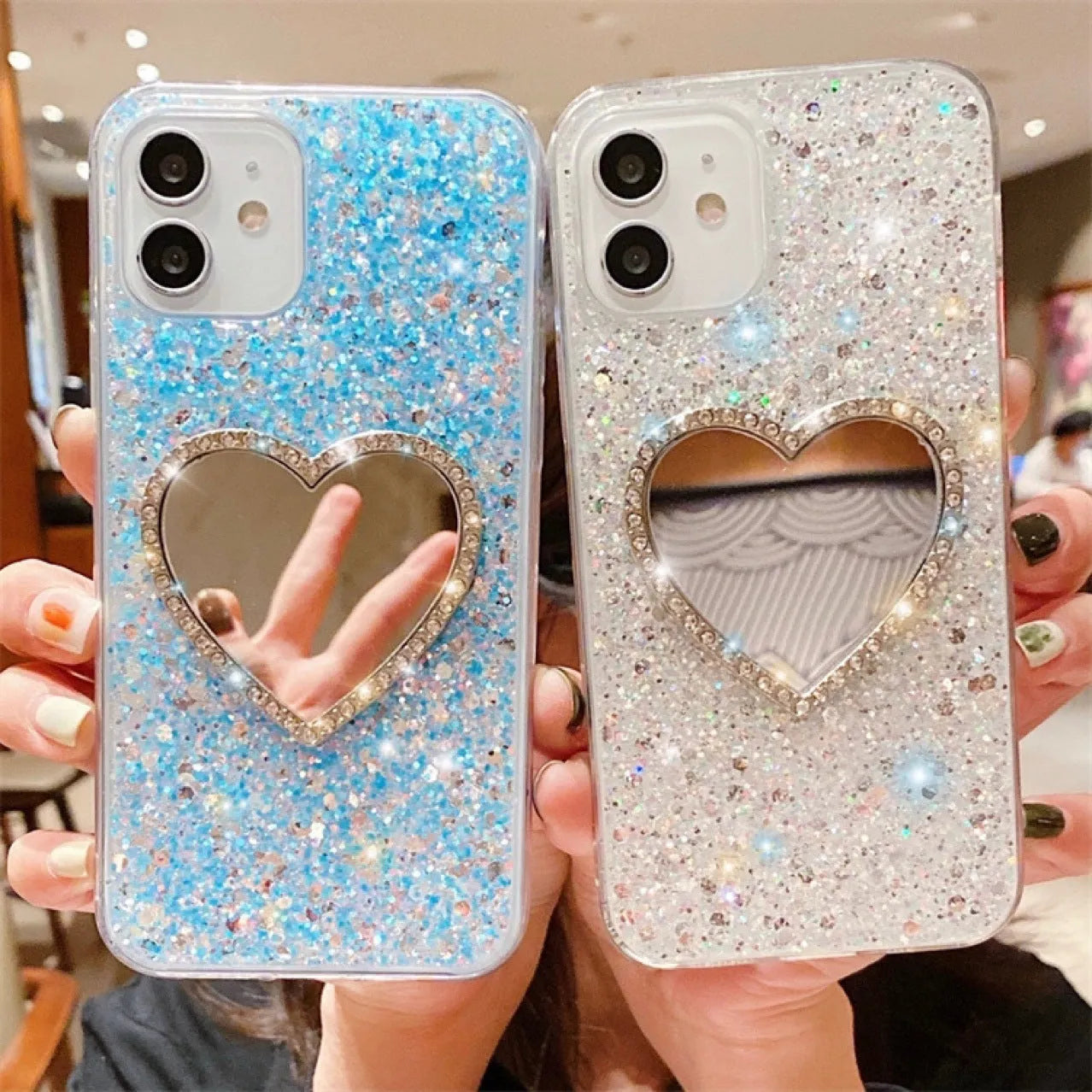 Glitter heart mirror rhinestone TPU phone case for Apple iPhone 11 12 13 14 15 Pro Max in gold