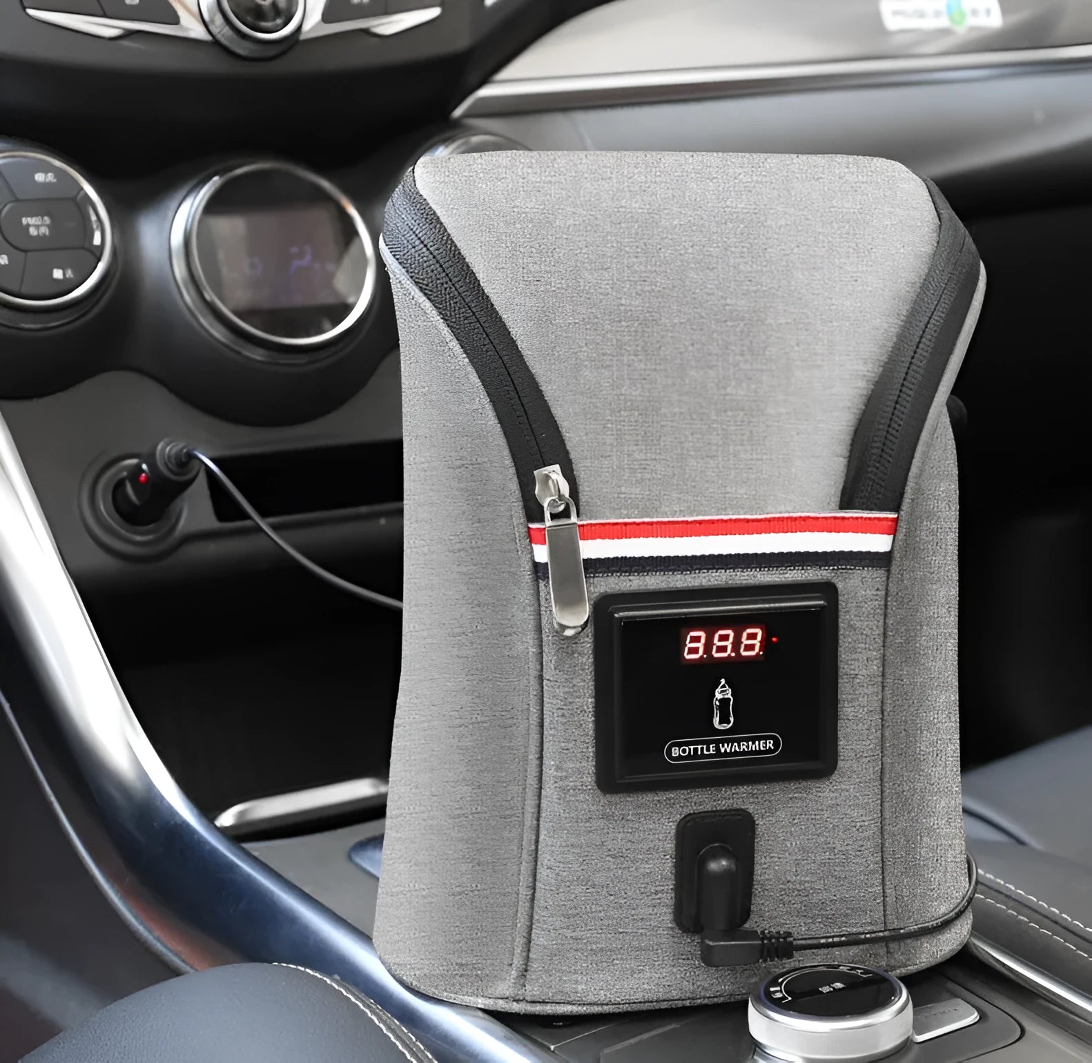 Grey Oxford cloth portable baby bottle warmer with digital display and car USB charger