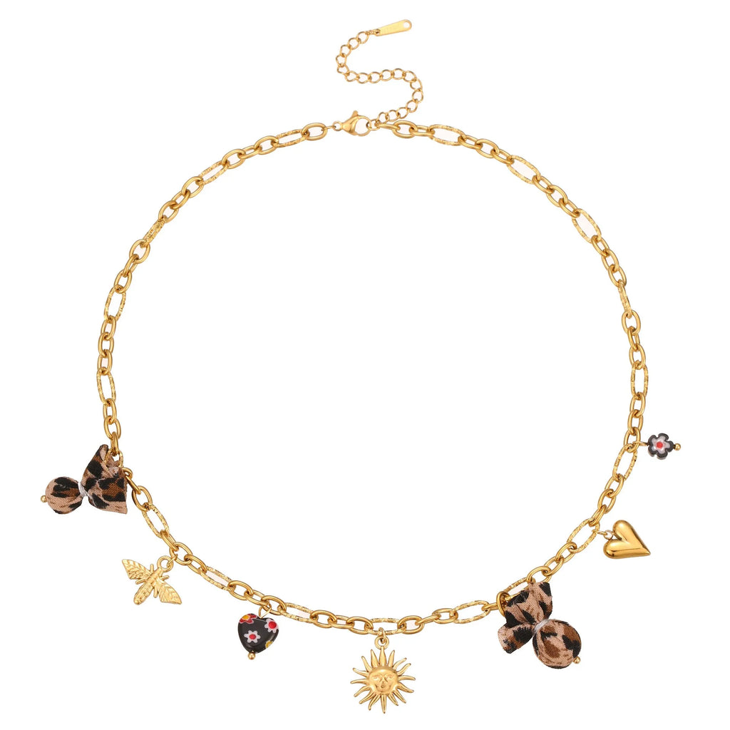 Stainless steel necklace with leopard heart and flower pendant, 18K gold plated, adjustable 41-50cm chain for women.