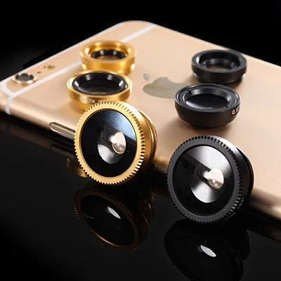 Three-in-one smartphone camera lens kit showing fisheye, wide-angle, and macro attachments in multiple colour options