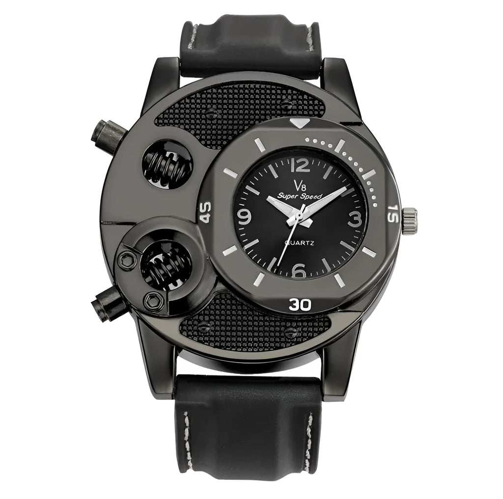 V8 men's quartz watch black colour stainless steel strap round 43mm dial