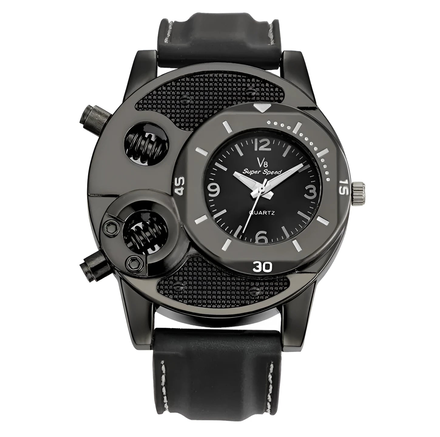 V8 men's quartz watch black colour stainless steel strap round 43mm dial