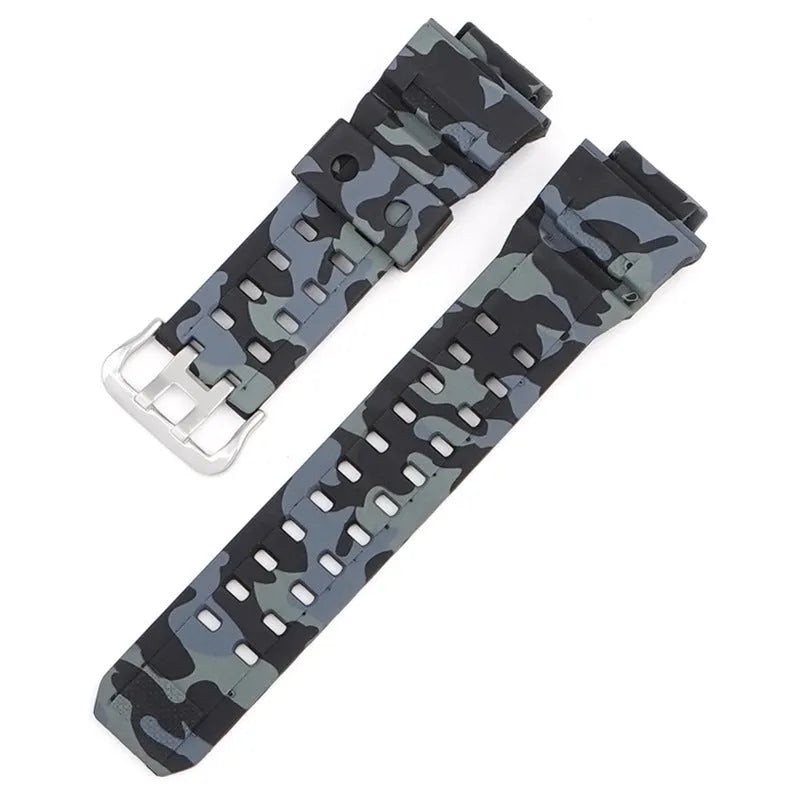 Camouflage patterned TPU resin watch strap with silver buckle on a grey background