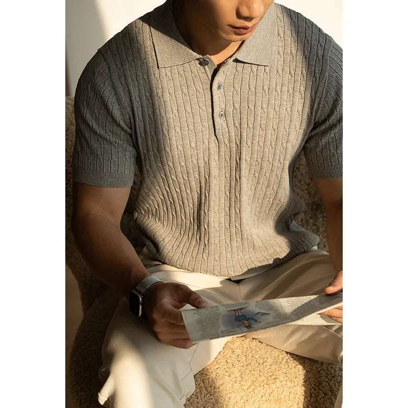 Men's khaki short sleeve business top with polyester nylon acrylic wool fabric blend for office commute wear