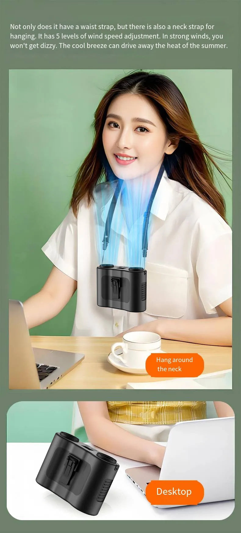 Grey waist-hung portable personal cooling fan shown with a neck lanyard.