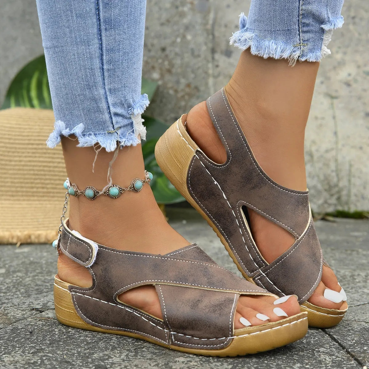 Roman platform sandals with skirt detail and adjustable Velcro strap in khaki colour