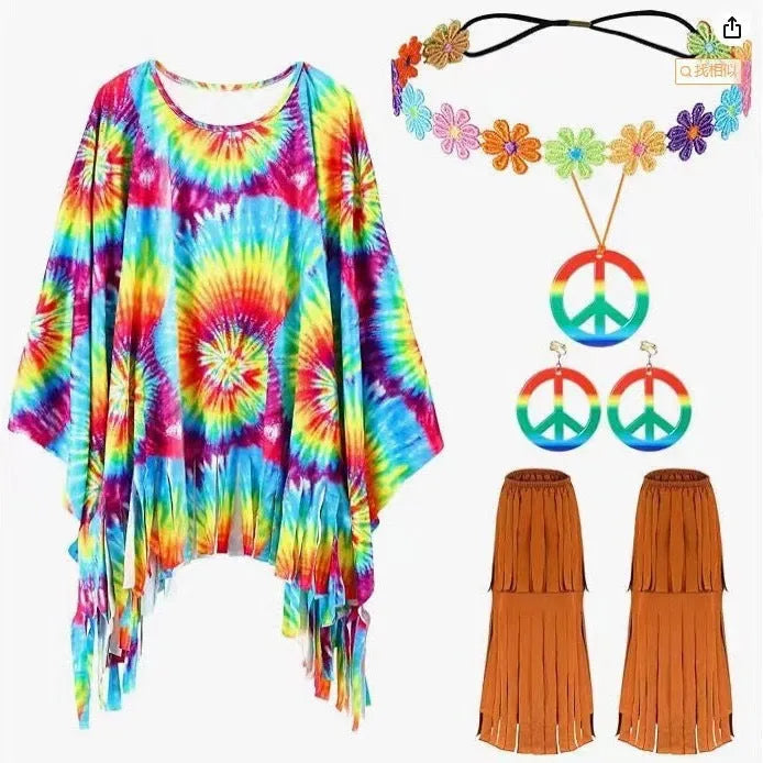 Tie dye cloak costume with rainbow printing and dramatic bell sleeves for Halloween parties