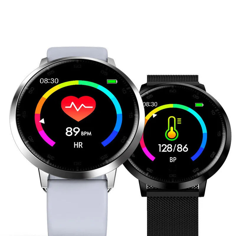 Smart health bracelet with touch screen display on silicone wrist strap in silver colour option