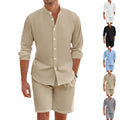 Men's dark grey hemp blend summer shirt suit with lapel button-down top and drawstring shorts