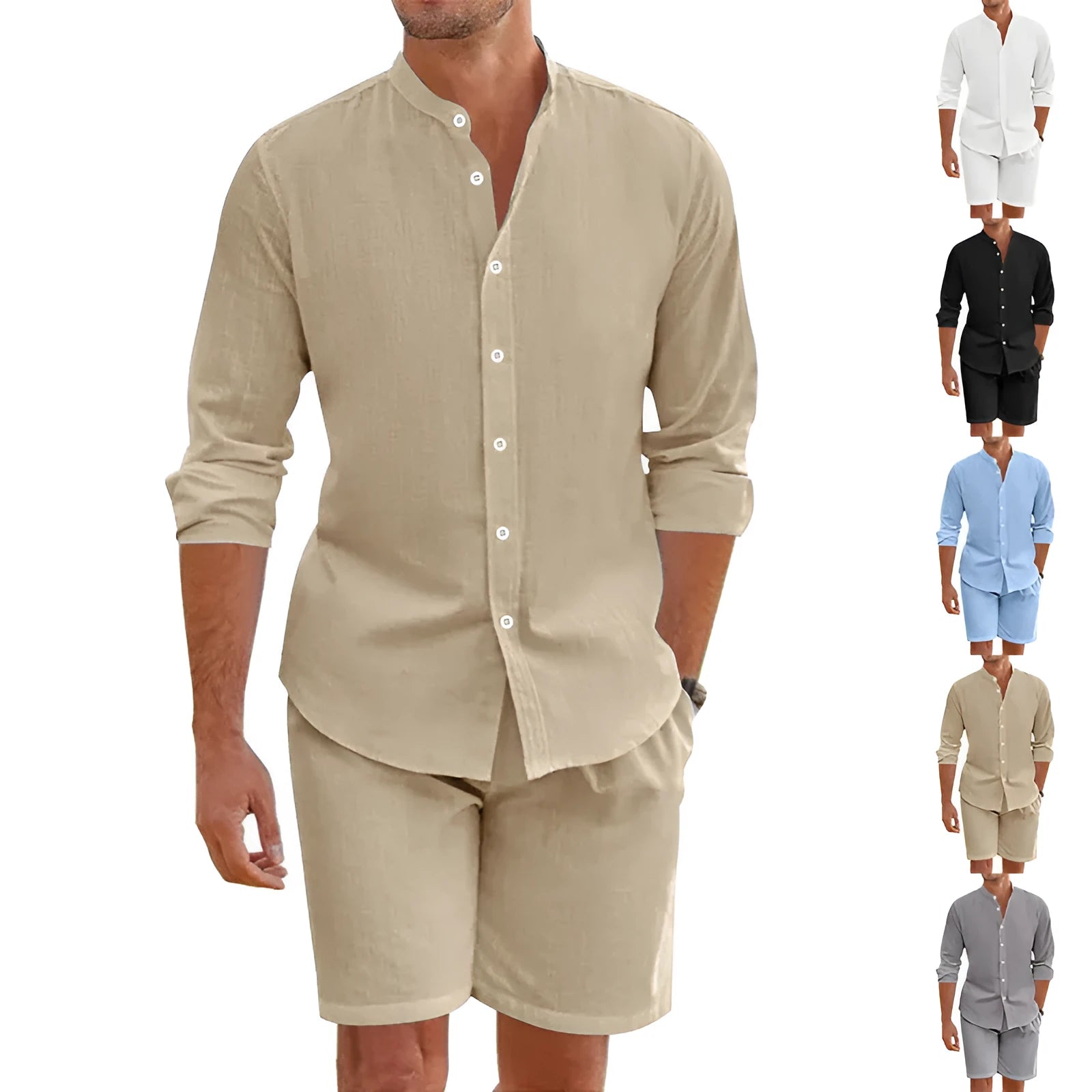 Men's dark grey hemp blend summer shirt suit with lapel button-down top and drawstring shorts