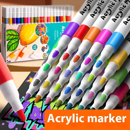 Set of acrylic marker pens with plastic barrels in multiple vibrant colours for student painting projects