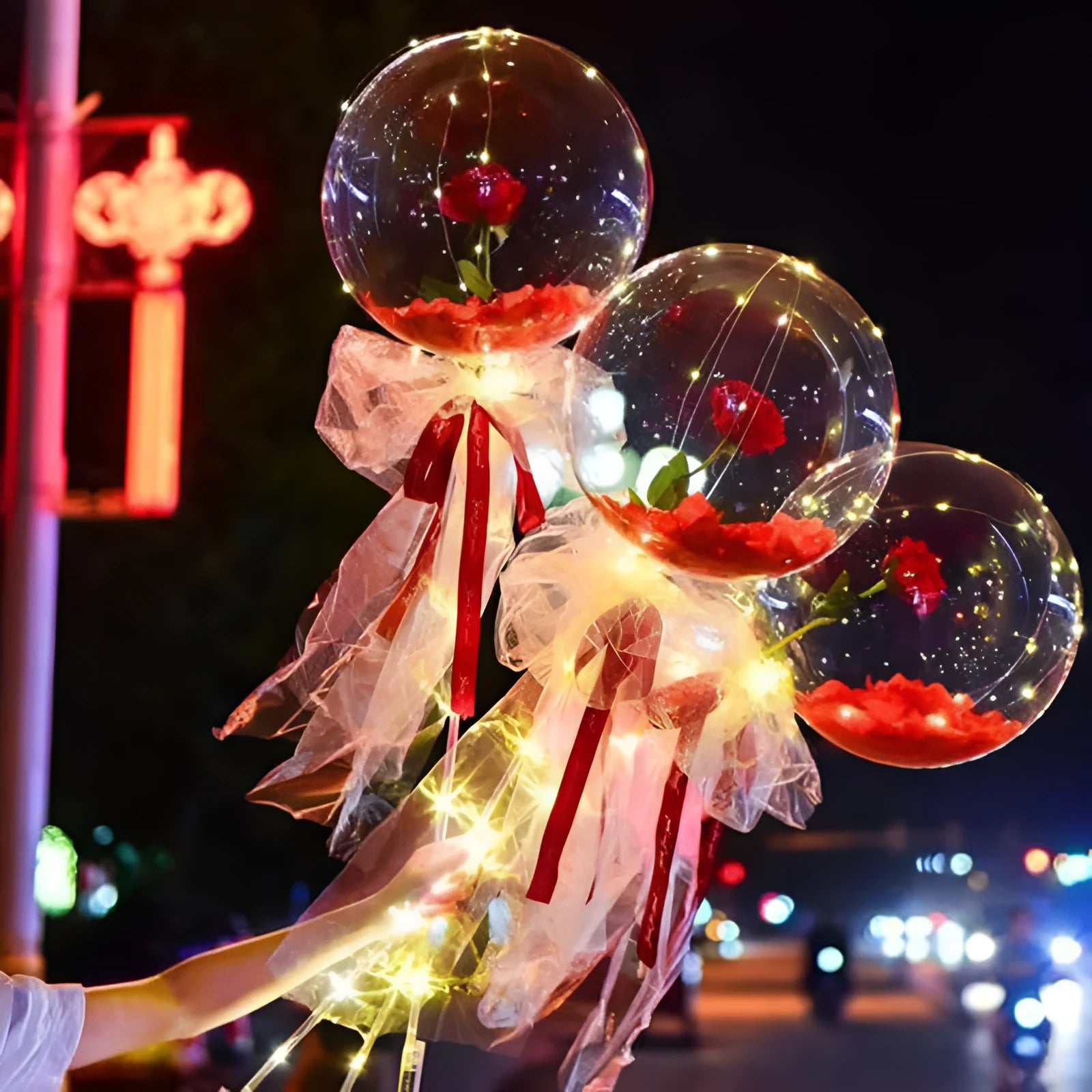 Transparent round LED luminous balloon rose bouquet with artificial flower and lights for DIY assembly