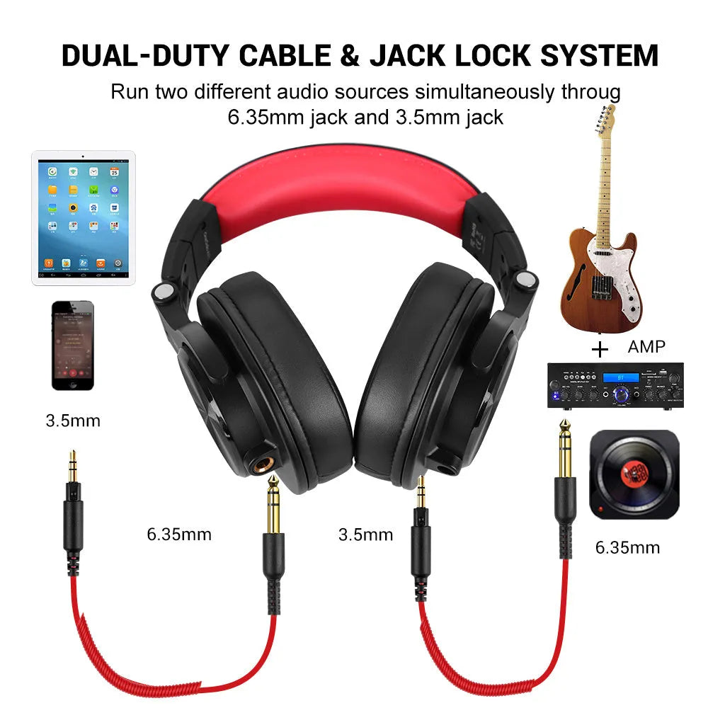 OneOdio wired over-ear headphones with 40mm drivers, shown in black and red colour options.