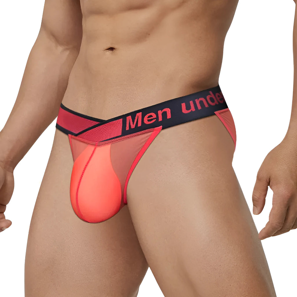 Men's transparent ice silk underwear with large V gradient front in red, black and white colours
